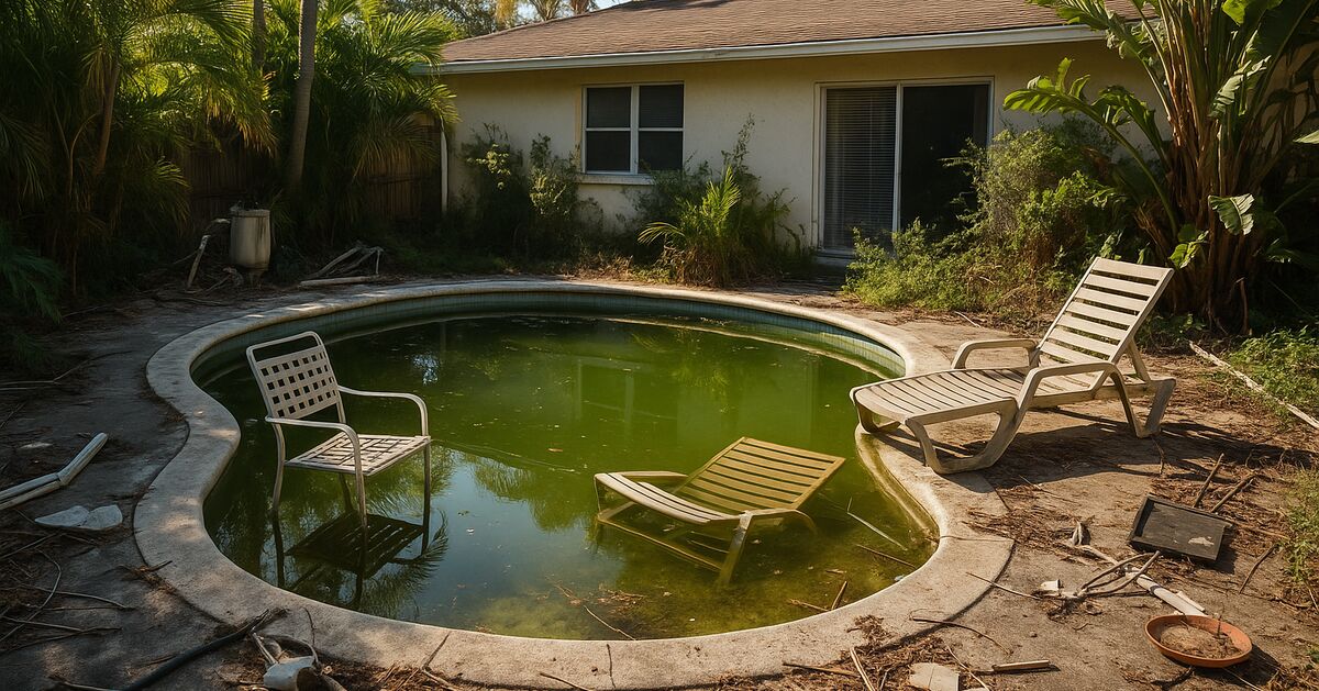 Swimming pool full of junk during a Sarasota estate cleanout