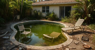 Swimming pool full of junk during a Sarasota estate cleanout
